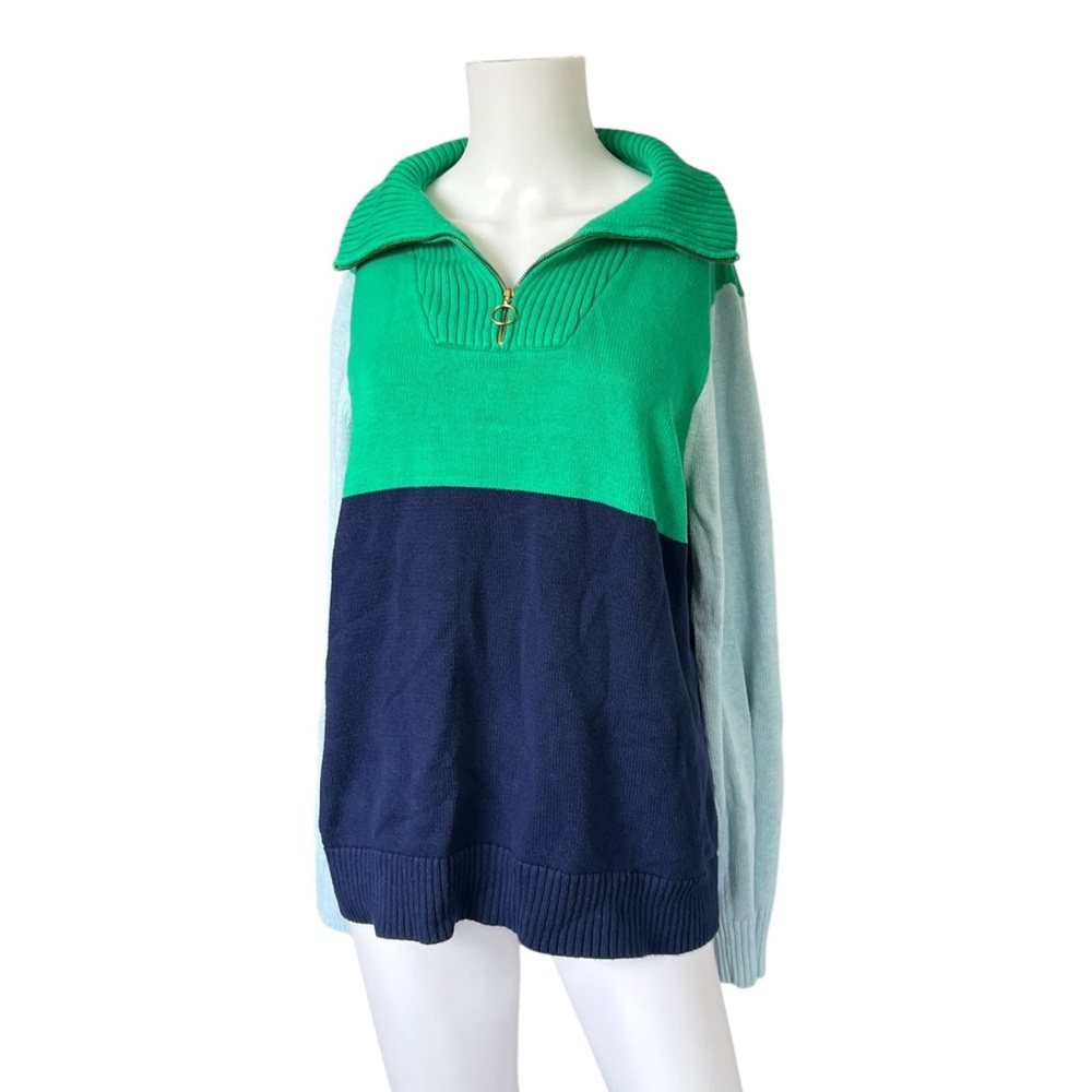 J Crew Factory Wide Collar Zip Sweater Green Blue Colorblock Cotton Size XL